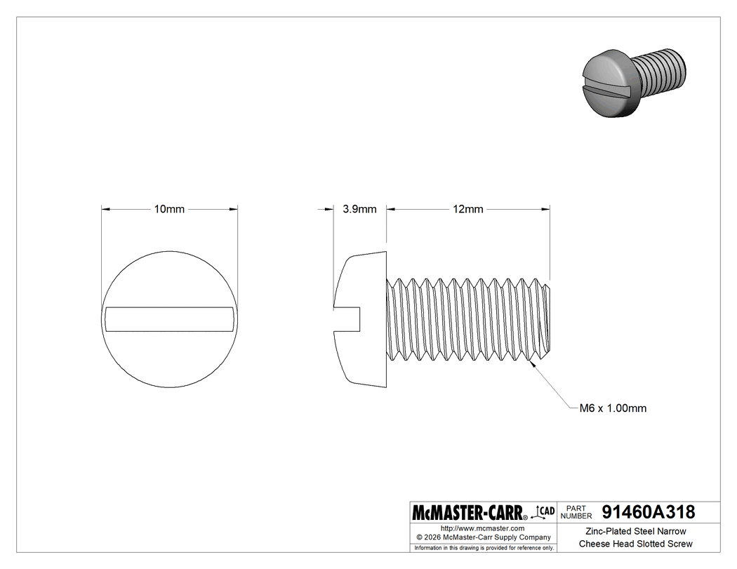 Technical Drawing of Zinc-Plated Steel Narrow Cheese Head Slotted Screw, M6 x 1 mm Thread, 12 mm Long, 10 mm Head Diameter.
